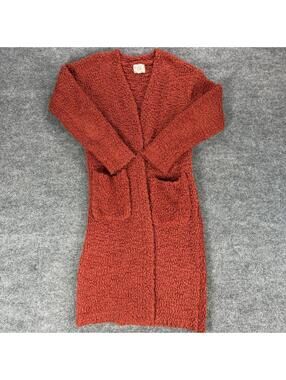 Boho Hippie Rose Cozy Textured Long Cardigan Sweater XS Rust Orange Sherpa Teddy